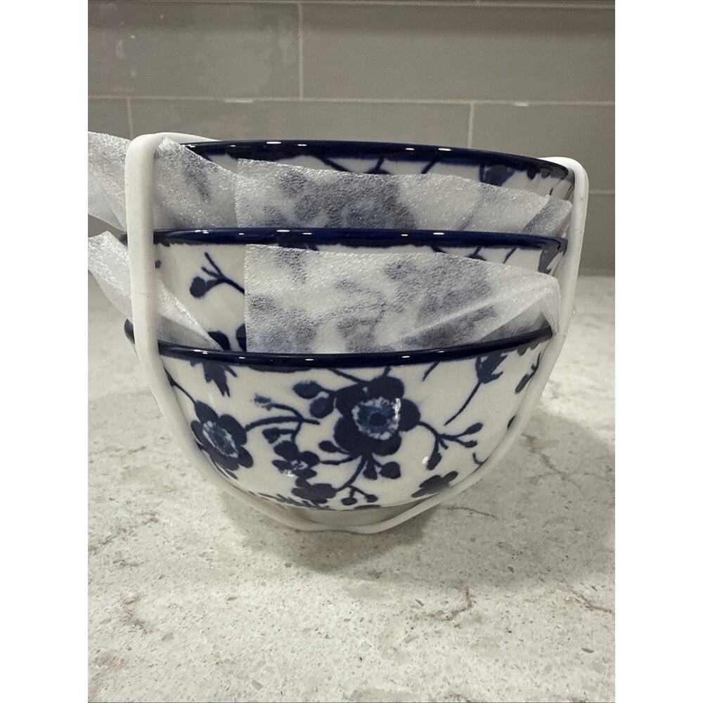 Set of 3 Blue White Floral Emika Ceramic Rice Tidbit Appetizer Dip Sauce Bowls